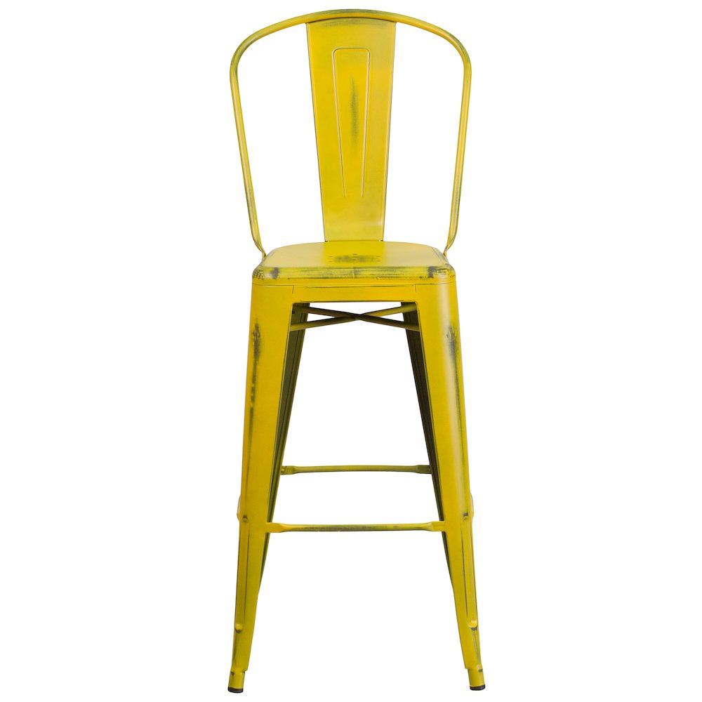30" High Distressed Yellow Metal Indoor-Outdoor Barstool with Back. Picture 10