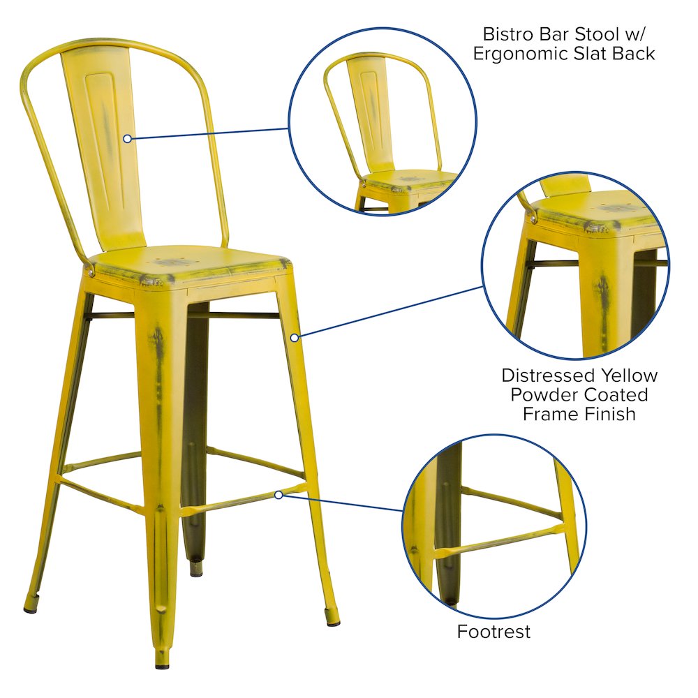 30" High Distressed Yellow Metal Indoor-Outdoor Barstool with Back. Picture 5