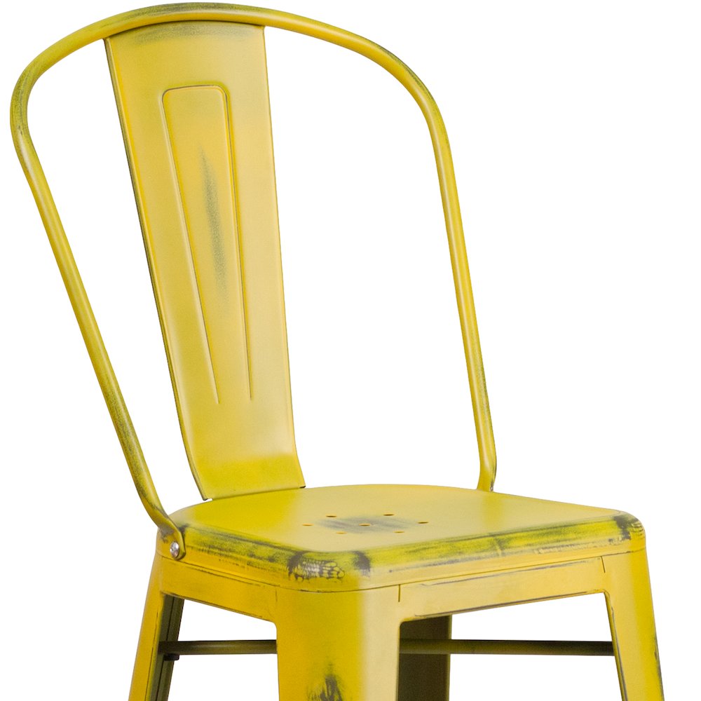30" High Distressed Yellow Metal Indoor-Outdoor Barstool with Back. Picture 11