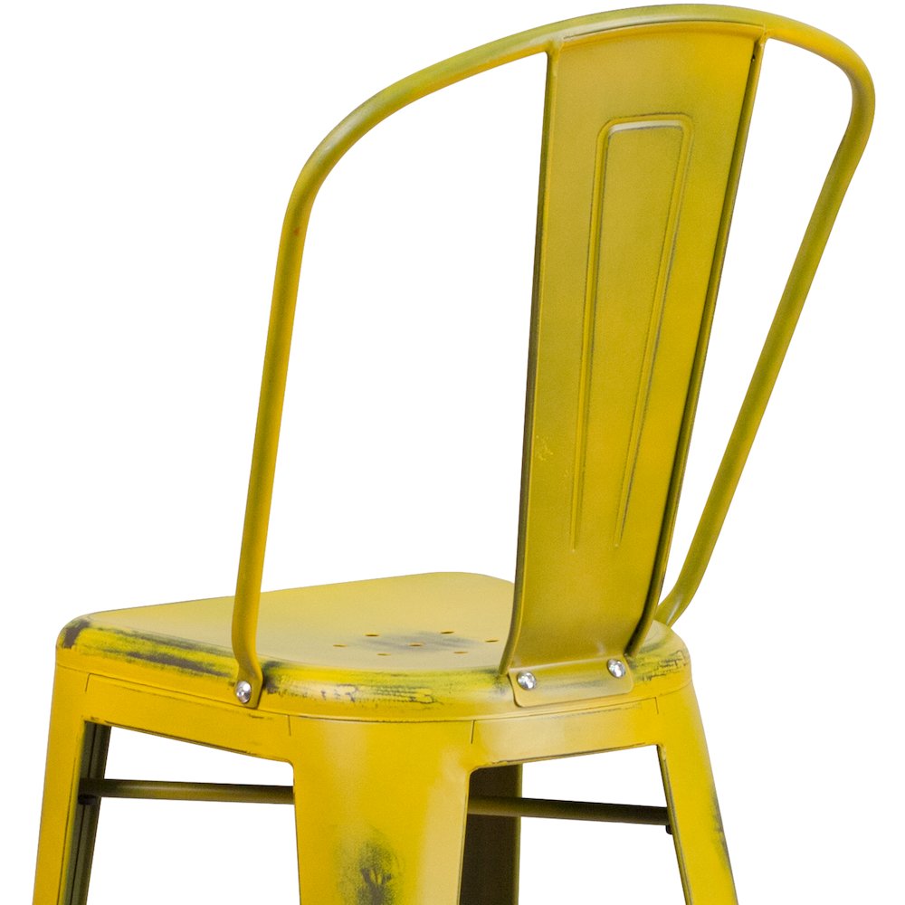 30" High Distressed Yellow Metal Indoor-Outdoor Barstool with Back. Picture 8