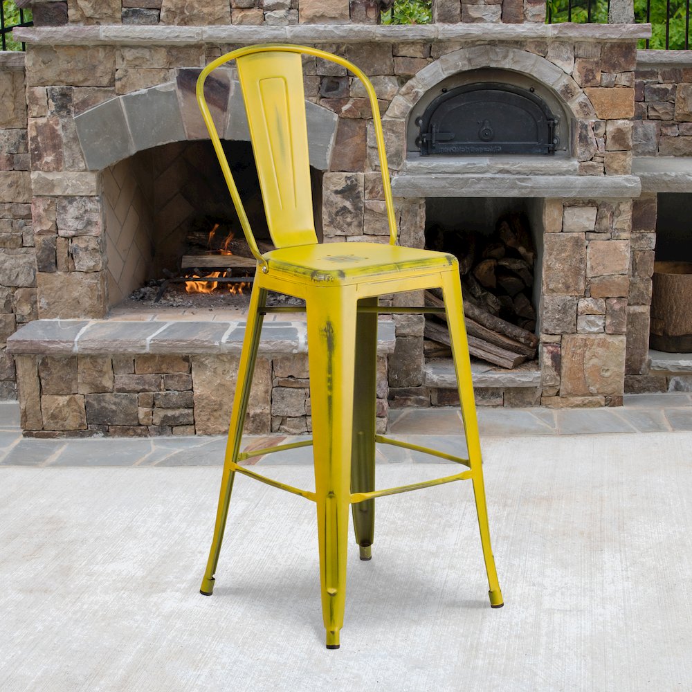 30" High Distressed Yellow Metal Indoor-Outdoor Barstool with Back. Picture 2