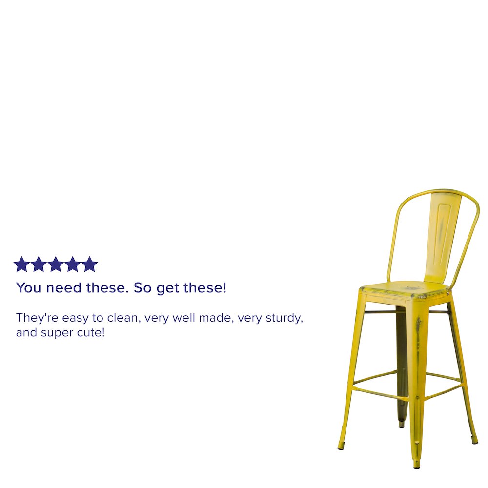 30" High Distressed Yellow Metal Indoor-Outdoor Barstool with Back. Picture 4