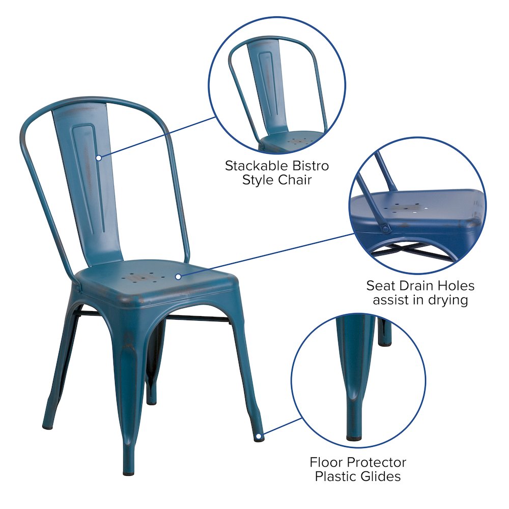 Distressed Antique Blue Metal Indoor-Outdoor Stackable Chair. Picture 5
