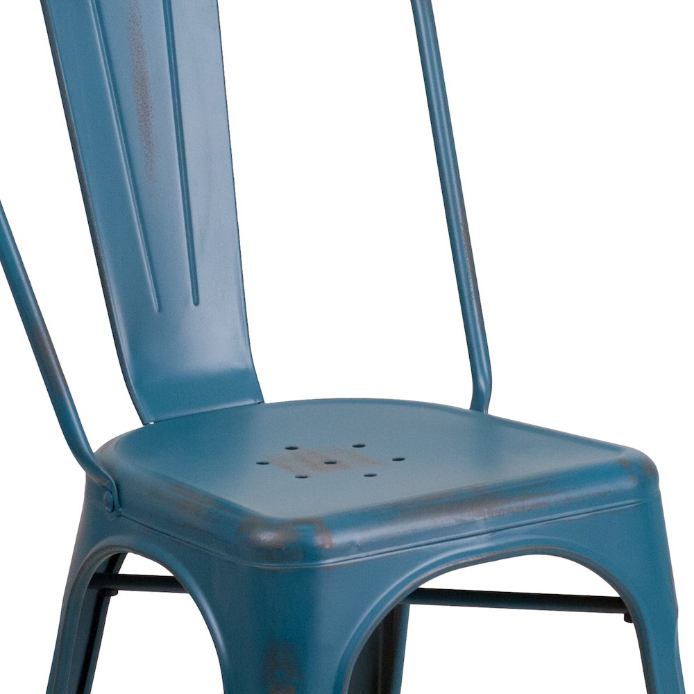 Distressed Antique Blue Metal Indoor-Outdoor Stackable Chair. Picture 8