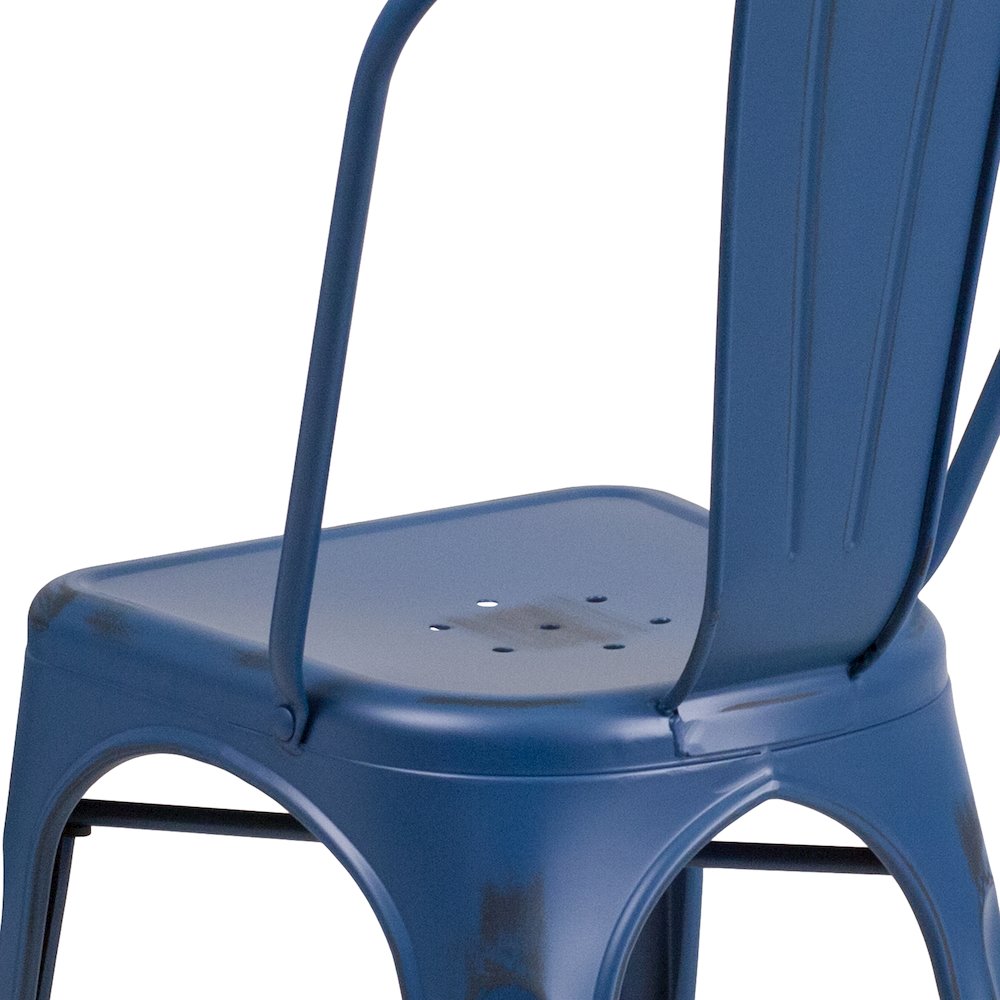 Distressed Antique Blue Metal Indoor-Outdoor Stackable Chair. Picture 11