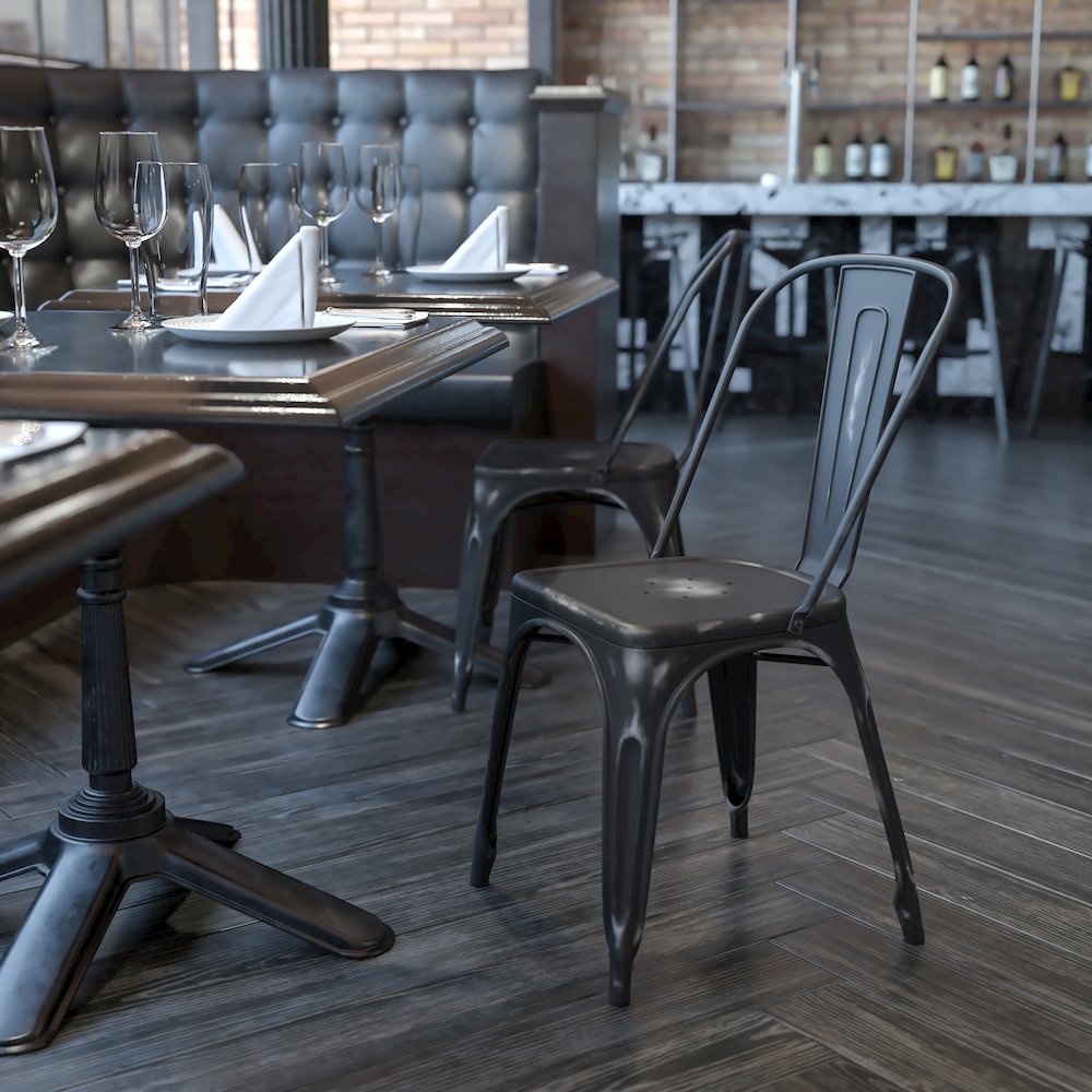 Commercial Grade Distressed Black Metal Indoor-Outdoor Stackable Chair. Picture 2