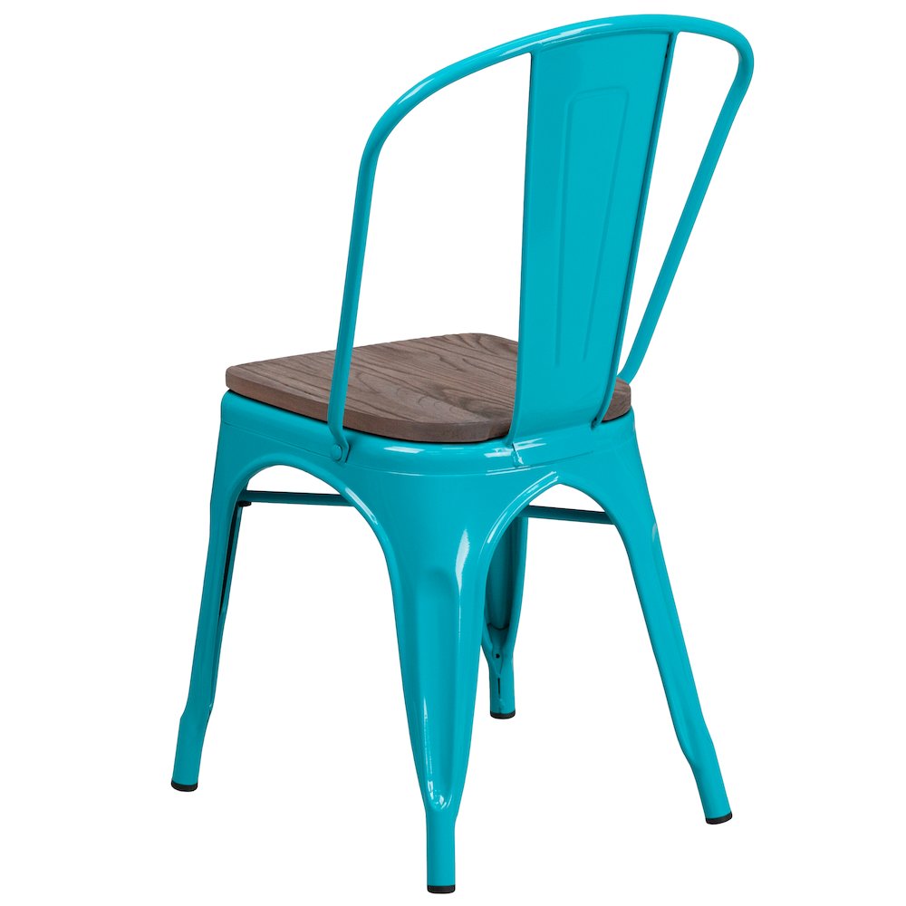 Crystal Teal-Blue Metal Stackable Chair with Wood Seat. Picture 3