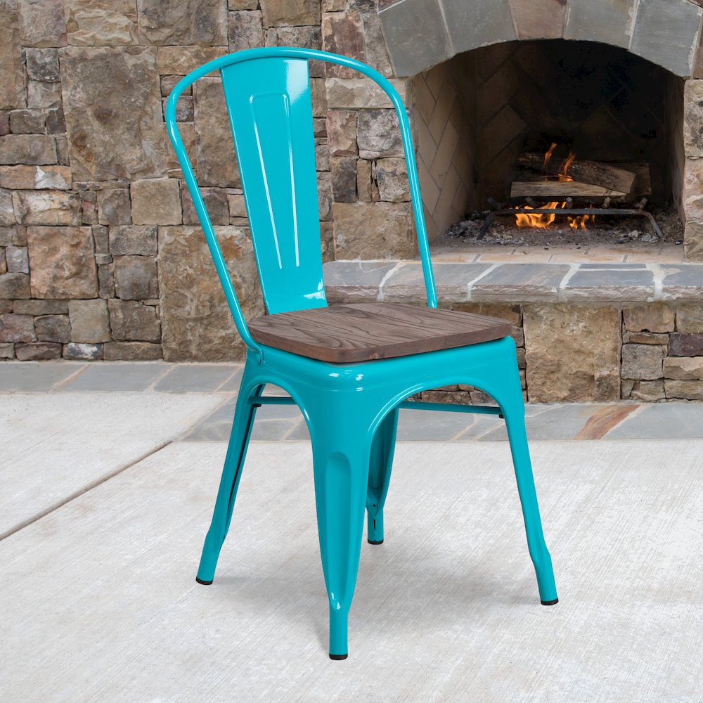 Crystal Teal-Blue Metal Stackable Chair with Wood Seat. Picture 2