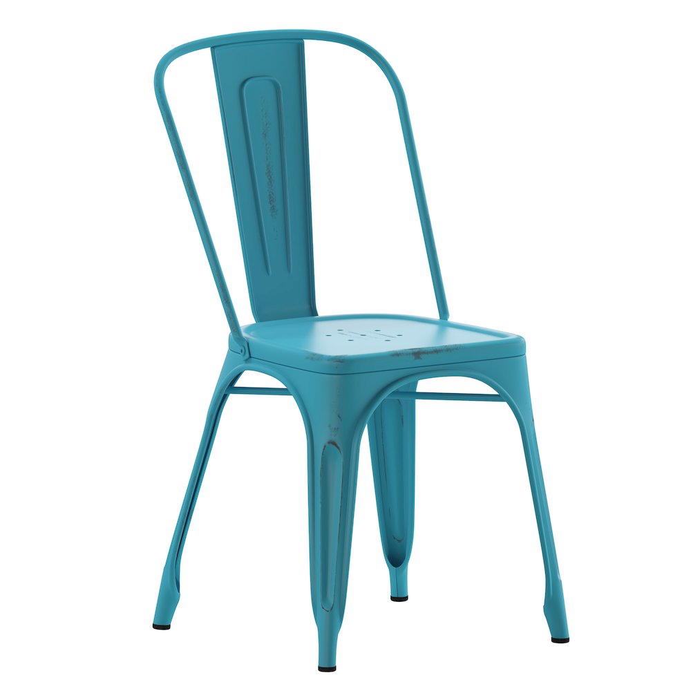 Tenley Commercial Grade Distressed Blue Metal Indoor-Outdoor Stackable Chair. Picture 1