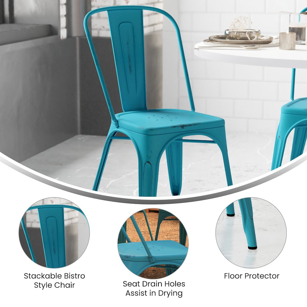 Tenley Commercial Grade Distressed Blue Metal Indoor-Outdoor Stackable Chair. Picture 4