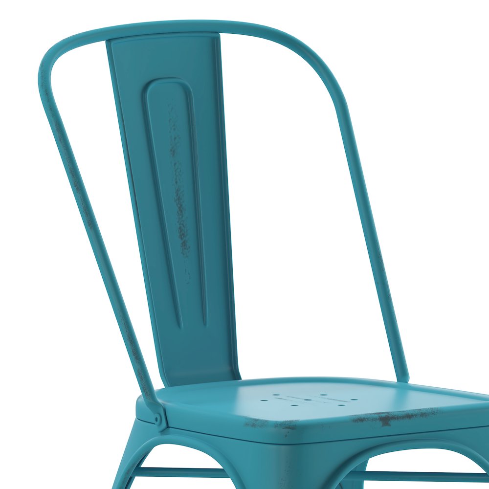 Tenley Commercial Grade Distressed Blue Metal Indoor-Outdoor Stackable Chair. Picture 9