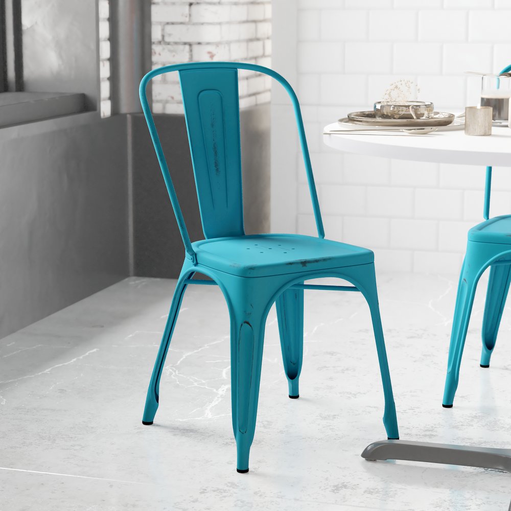 Tenley Commercial Grade Distressed Blue Metal Indoor-Outdoor Stackable Chair. Picture 3