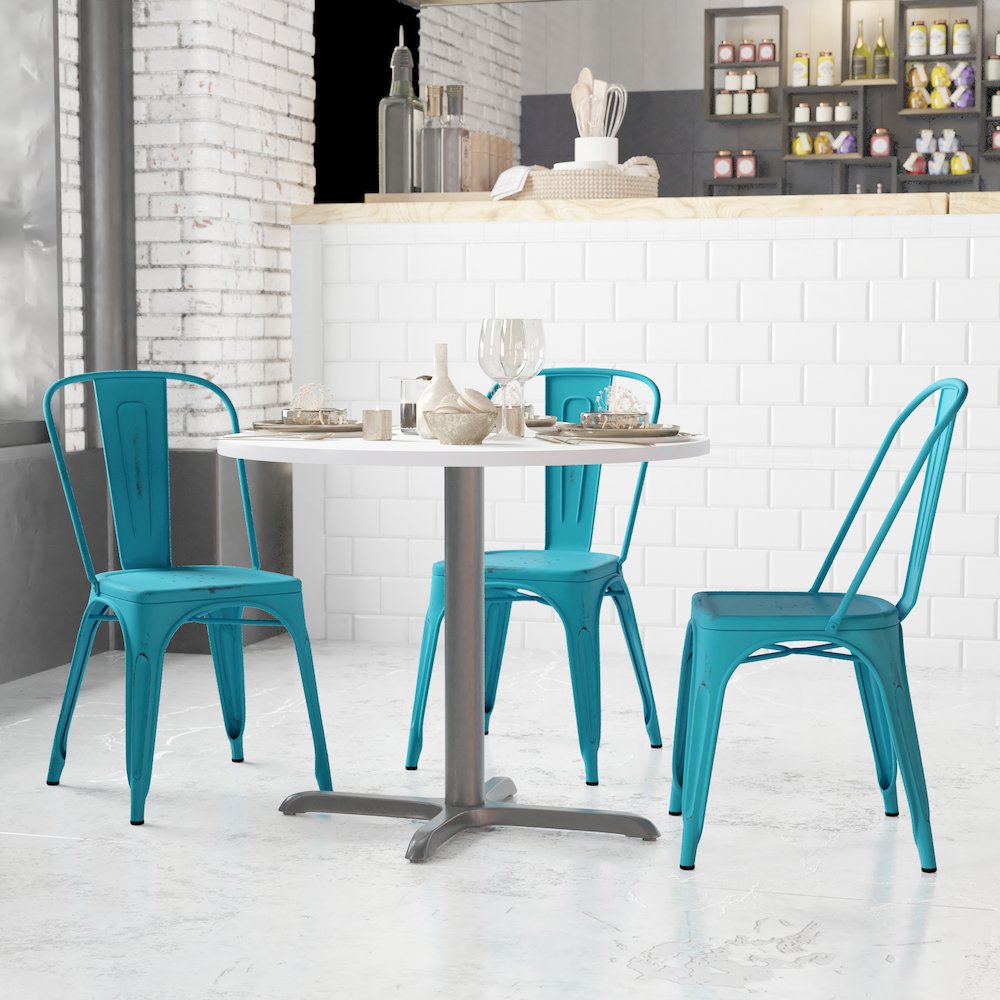 Tenley Commercial Grade Distressed Blue Metal Indoor-Outdoor Stackable Chair. Picture 6