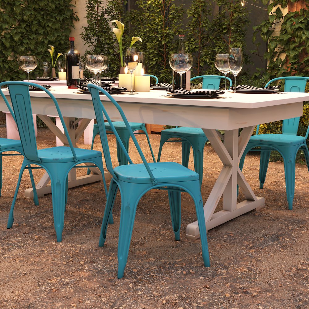 Tenley Commercial Grade Distressed Blue Metal Indoor-Outdoor Stackable Chair. Picture 7