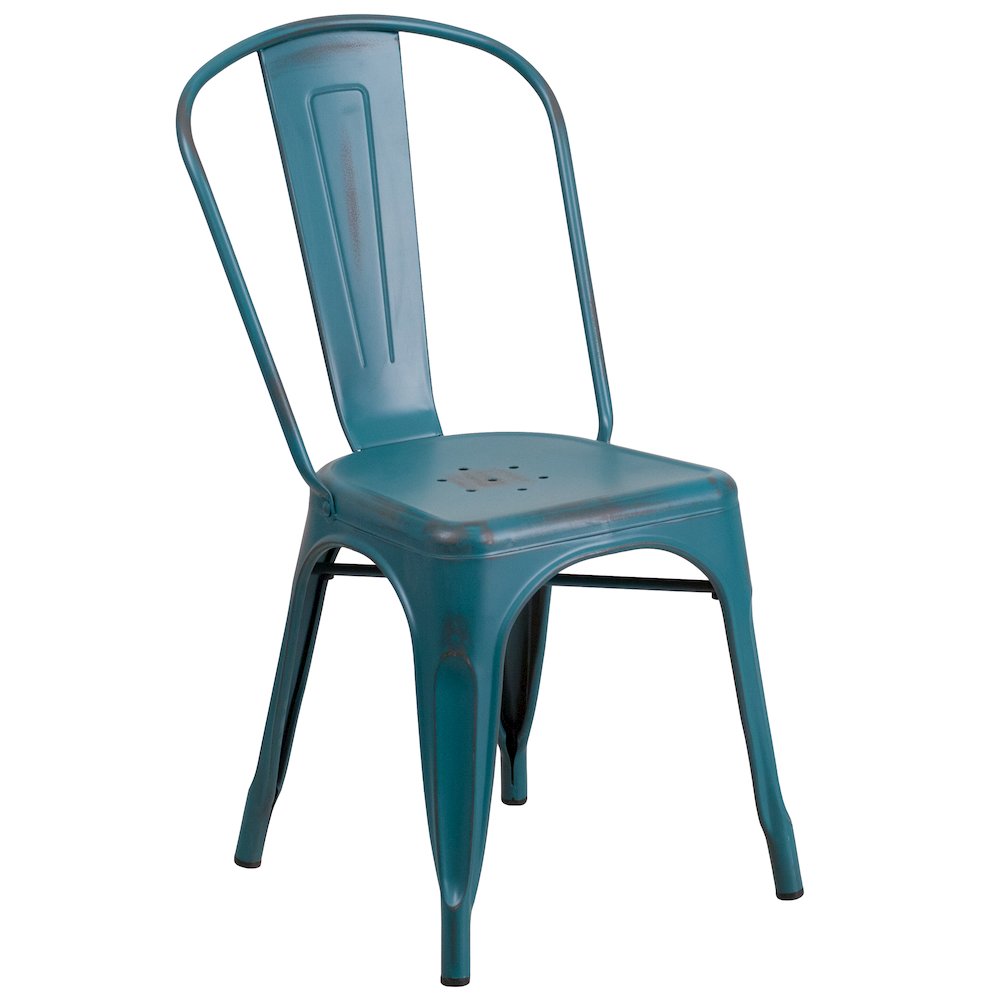 Distressed Kelly Blue-Teal Metal Indoor-Outdoor Stackable Chair. Picture 1