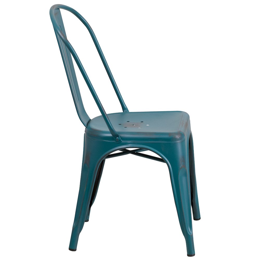 Distressed Kelly Blue-Teal Metal Indoor-Outdoor Stackable Chair. Picture 9