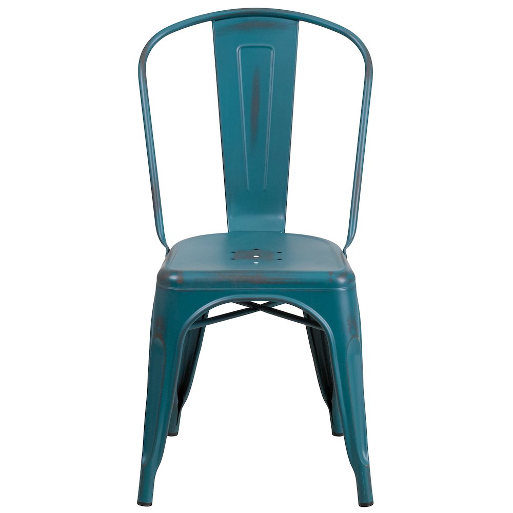 Distressed Kelly Blue-Teal Metal Indoor-Outdoor Stackable Chair. Picture 10