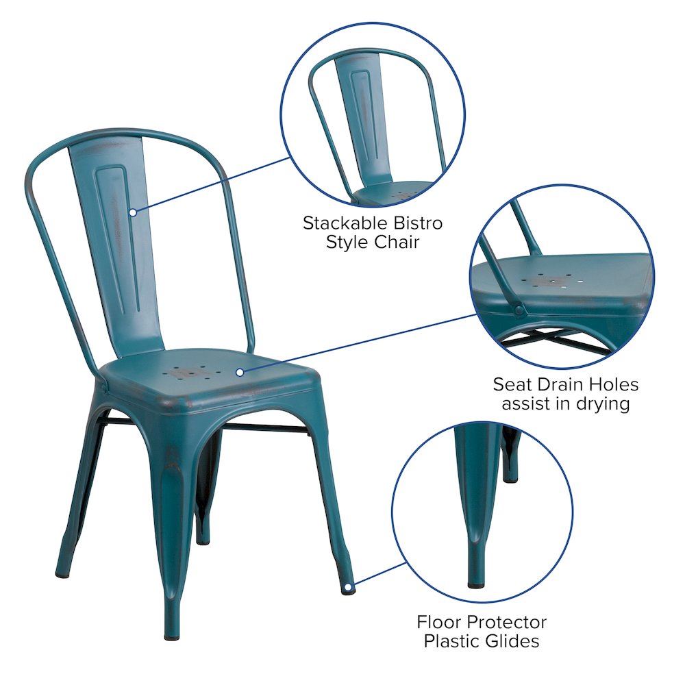 Distressed Kelly Blue-Teal Metal Indoor-Outdoor Stackable Chair. Picture 5