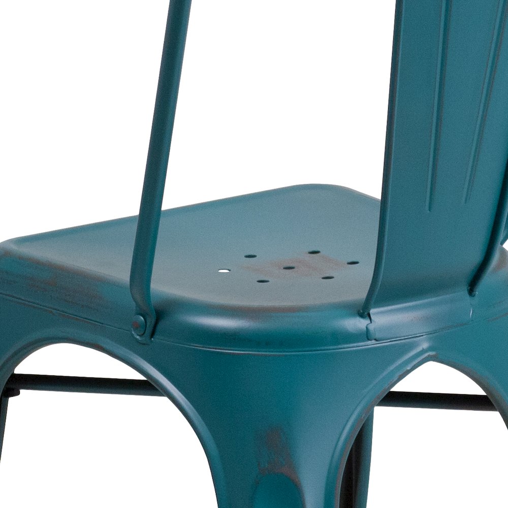 Distressed Kelly Blue-Teal Metal Indoor-Outdoor Stackable Chair. Picture 8