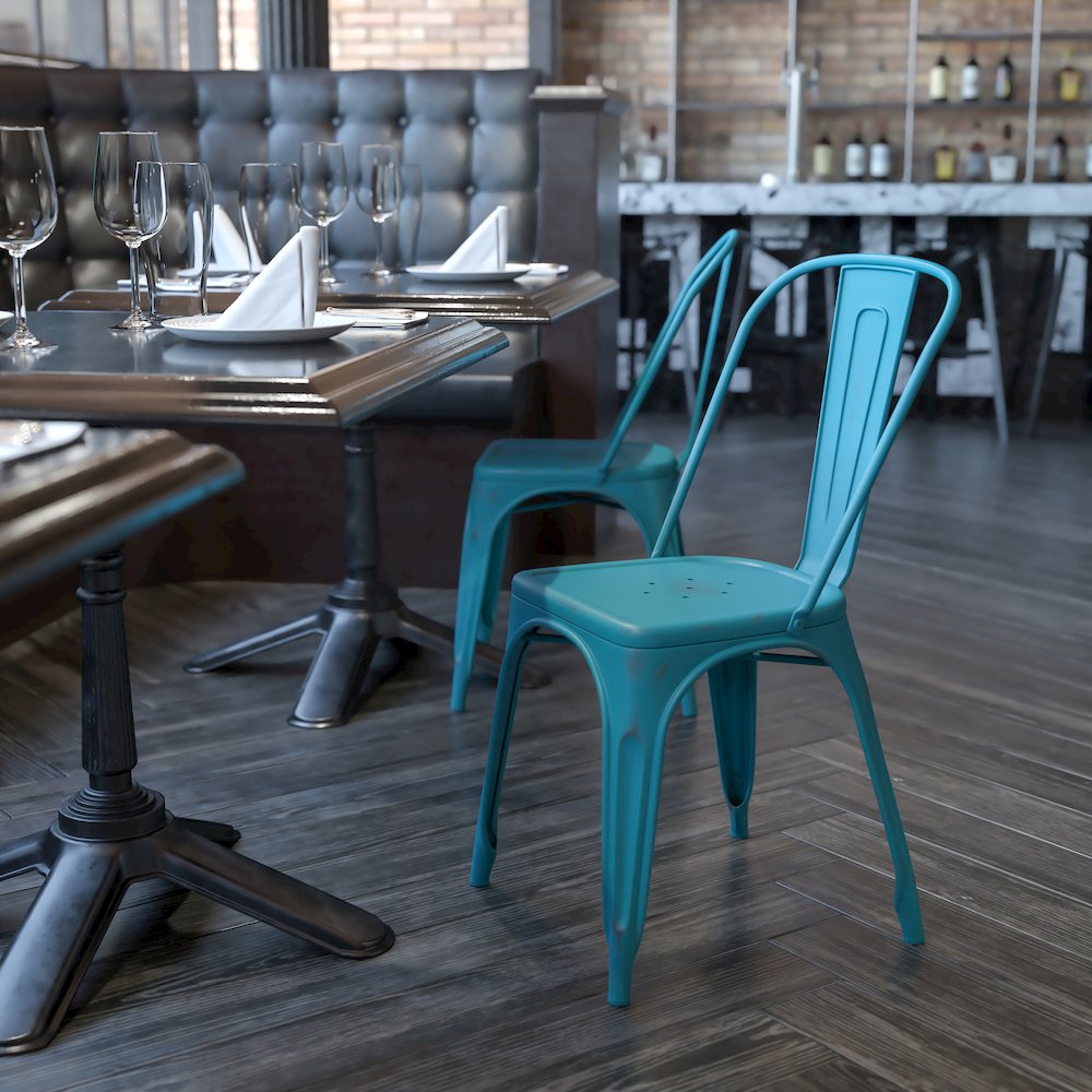 Distressed Kelly Blue-Teal Metal Indoor-Outdoor Stackable Chair. Picture 2