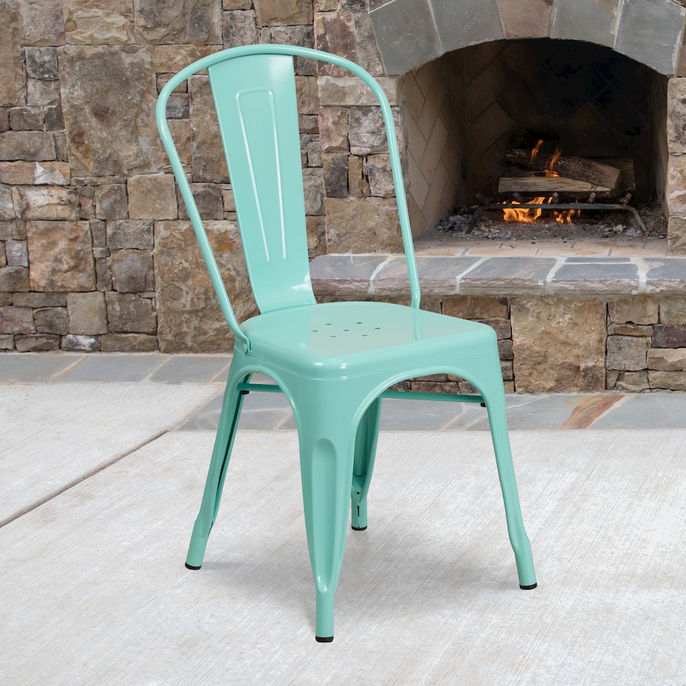 Commercial Grade Mint Green Metal Indoor-Outdoor Stackable Chair. Picture 2