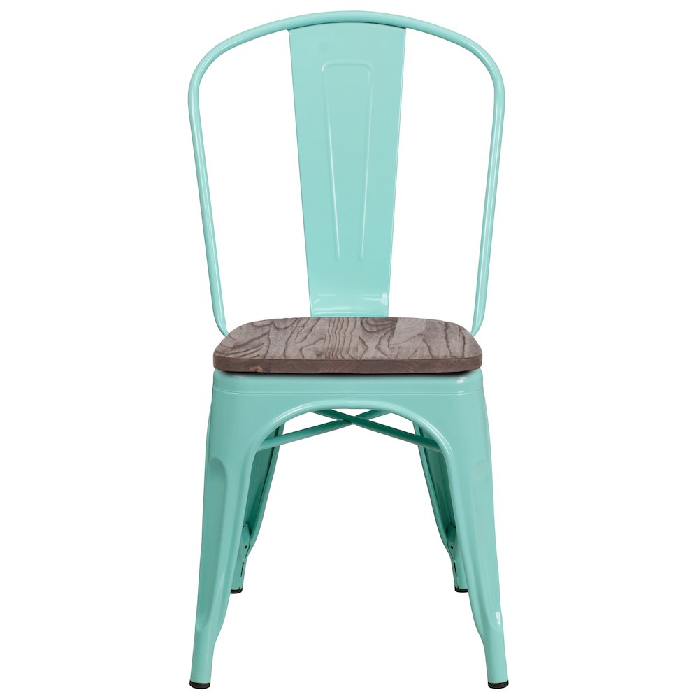 Mint Green Metal Stackable Chair with Wood Seat. Picture 4