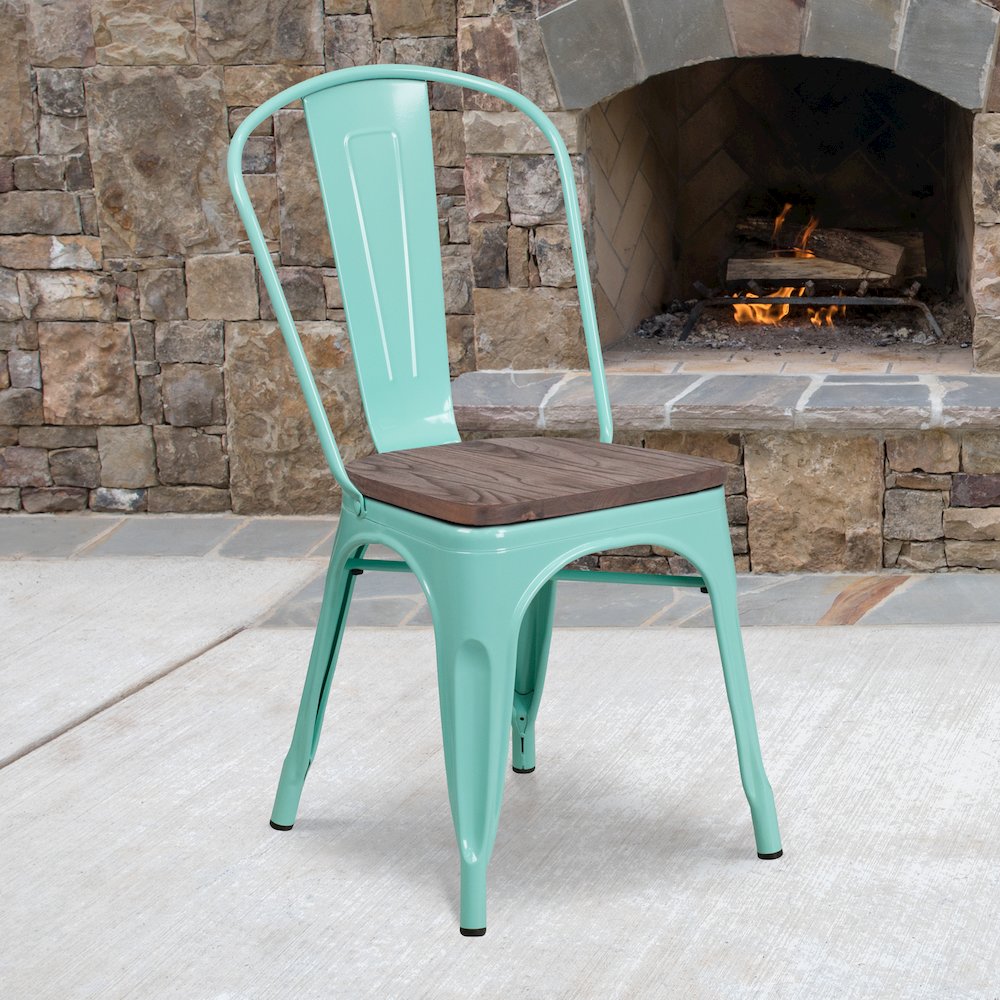 Mint Green Metal Stackable Chair with Wood Seat. Picture 2
