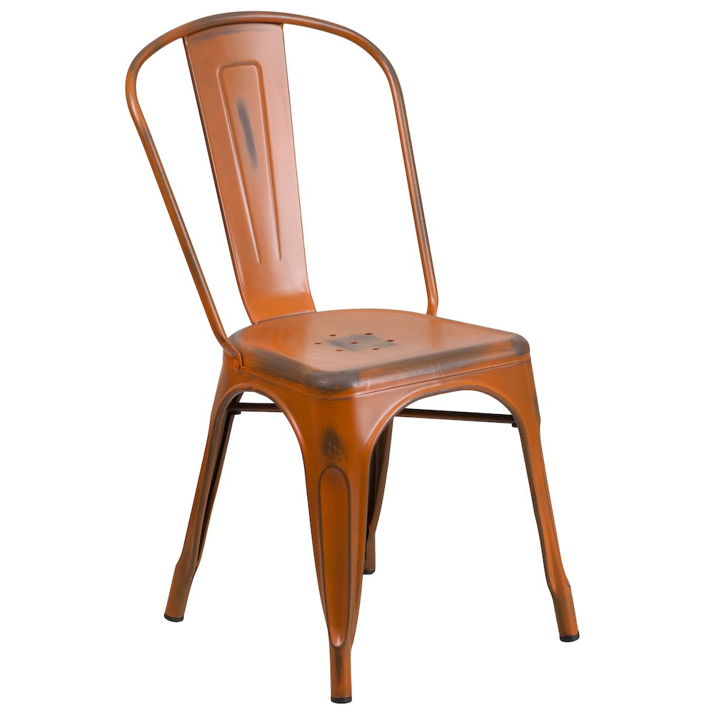 Commercial Grade Distressed Orange Metal Indoor-Outdoor Stackable Chair. Picture 1
