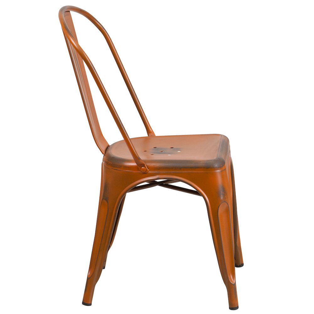 Commercial Grade Distressed Orange Metal Indoor-Outdoor Stackable Chair. Picture 9