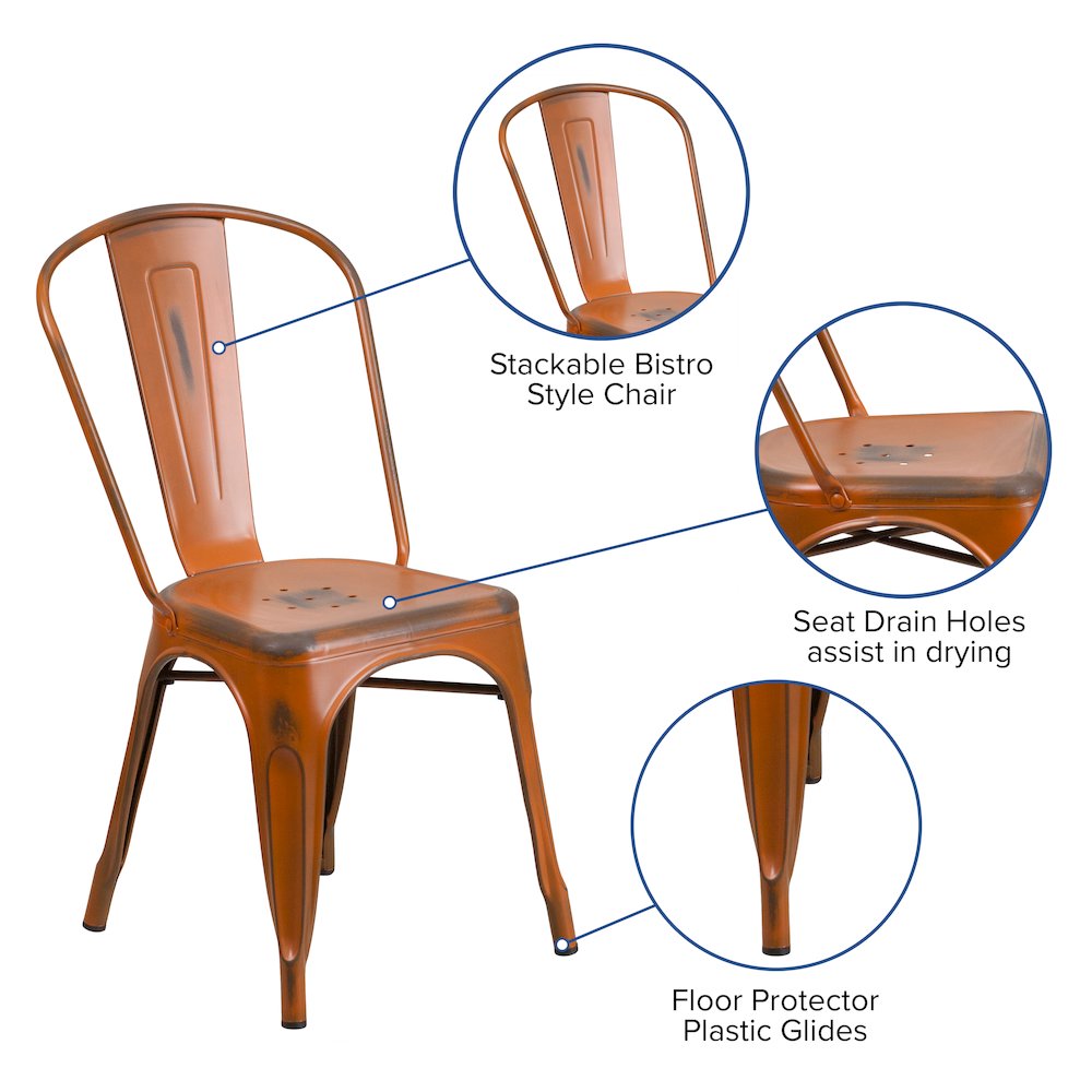 Commercial Grade Distressed Orange Metal Indoor-Outdoor Stackable Chair. Picture 5