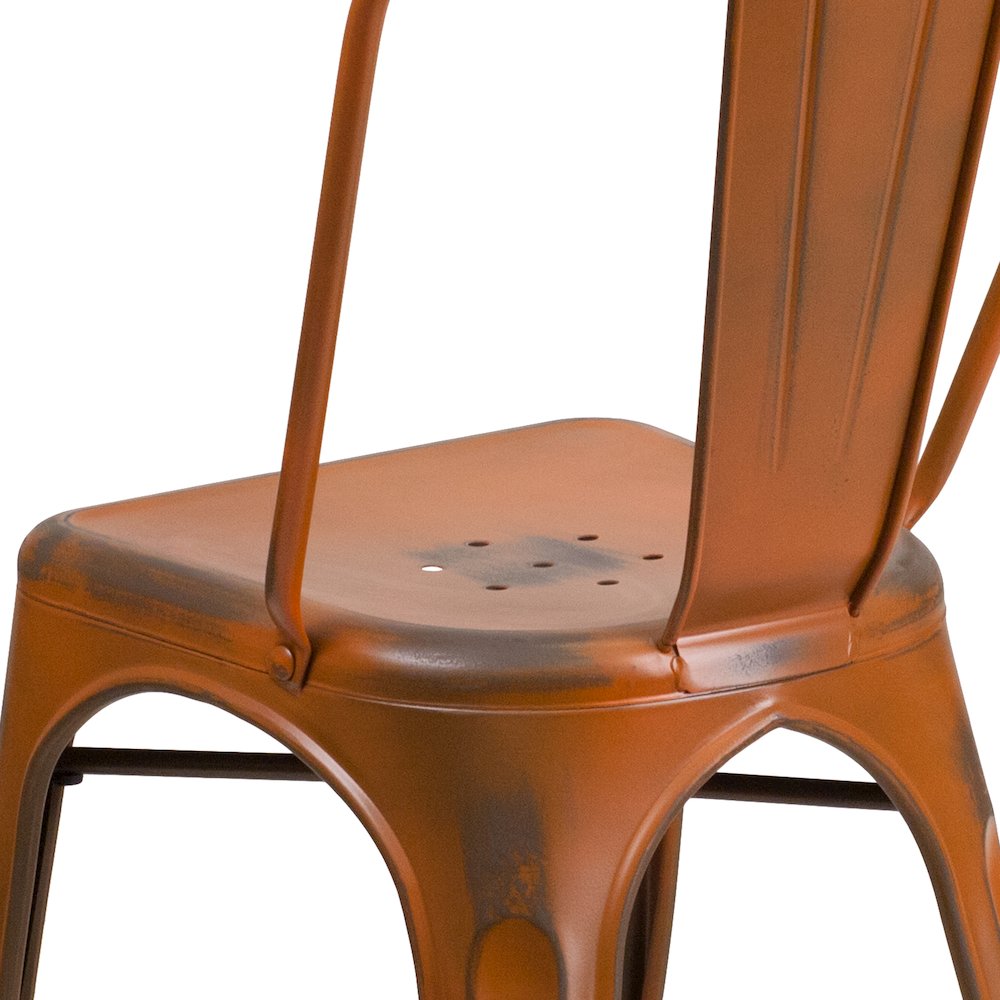 Commercial Grade Distressed Orange Metal Indoor-Outdoor Stackable Chair. Picture 8