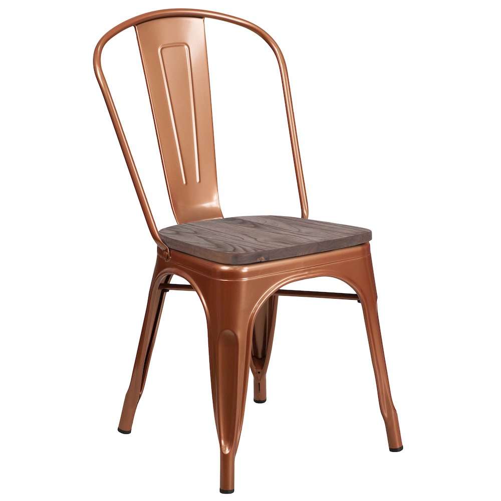 Copper Metal Stackable Chair with Wood Seat. Picture 1