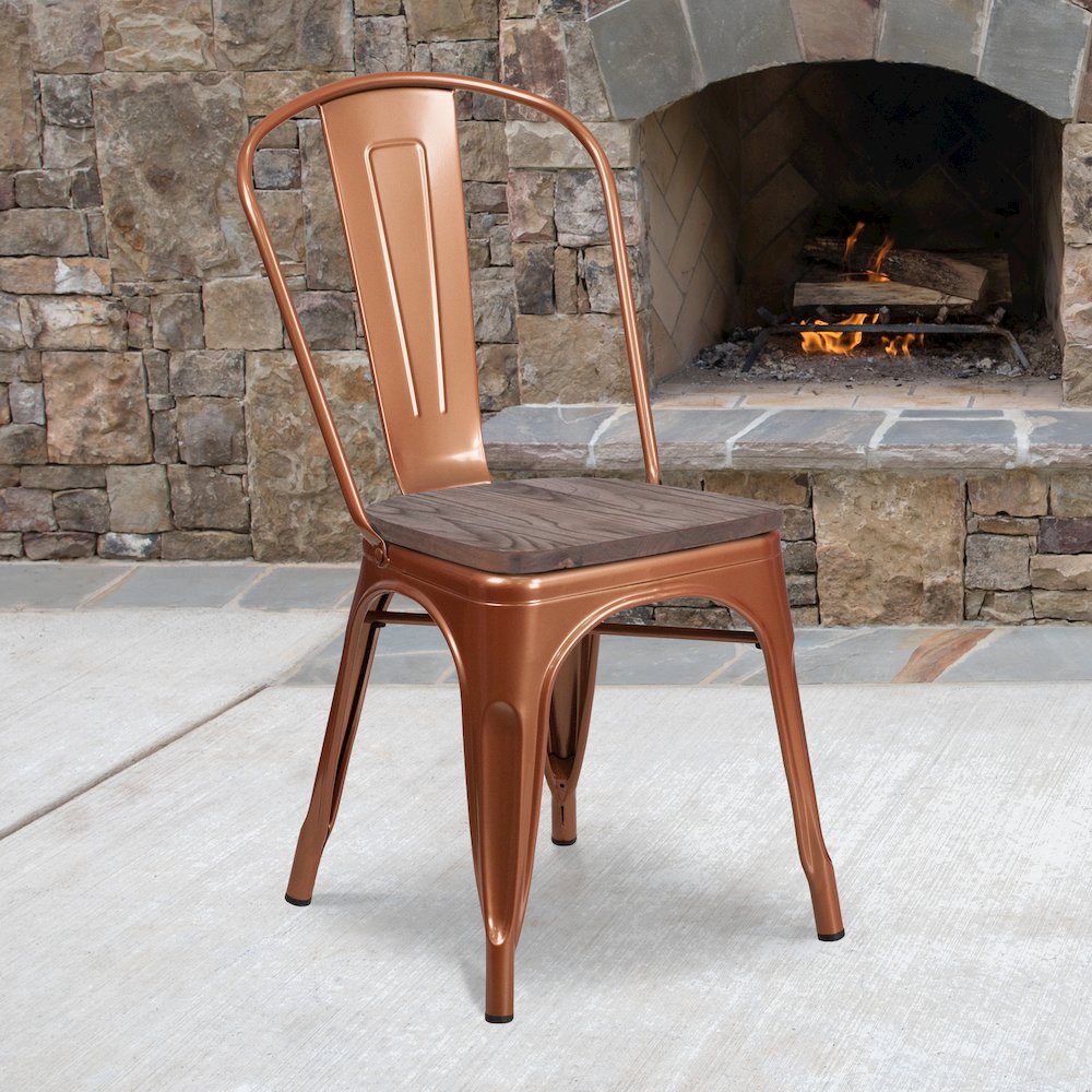 Copper Metal Stackable Chair with Wood Seat. Picture 2