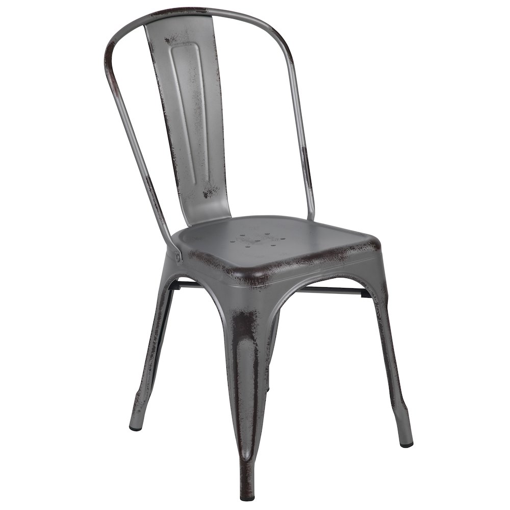 Commercial Grade Distressed Silver Gray Metal Indoor-Outdoor Stackable Chair. Picture 1