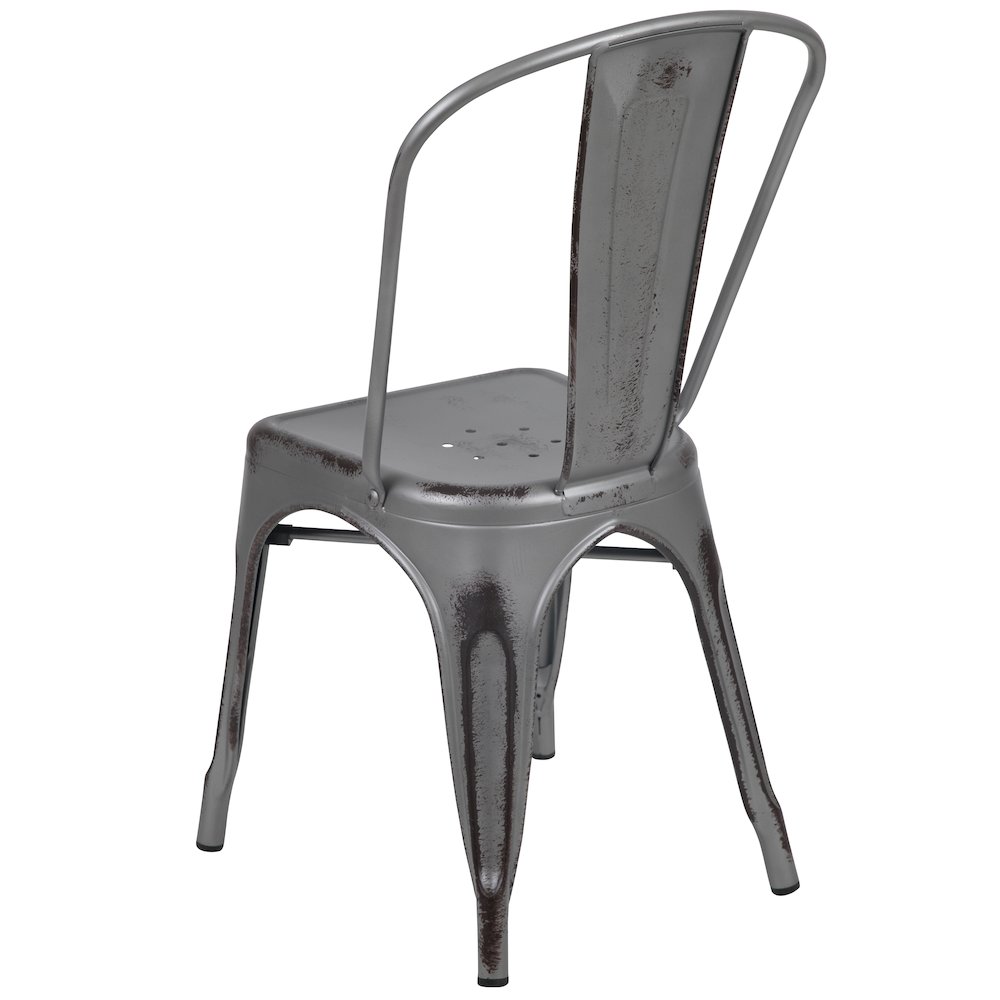 Commercial Grade Distressed Silver Gray Metal Indoor-Outdoor Stackable Chair. Picture 4