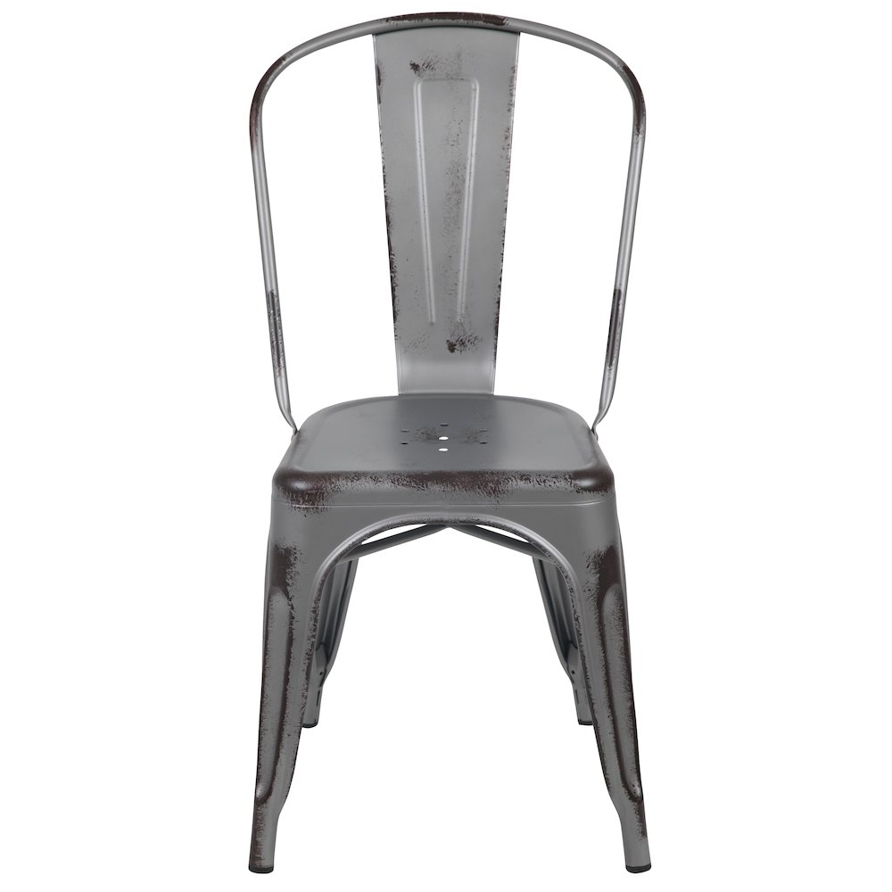 Commercial Grade Distressed Silver Gray Metal Indoor-Outdoor Stackable Chair. Picture 5