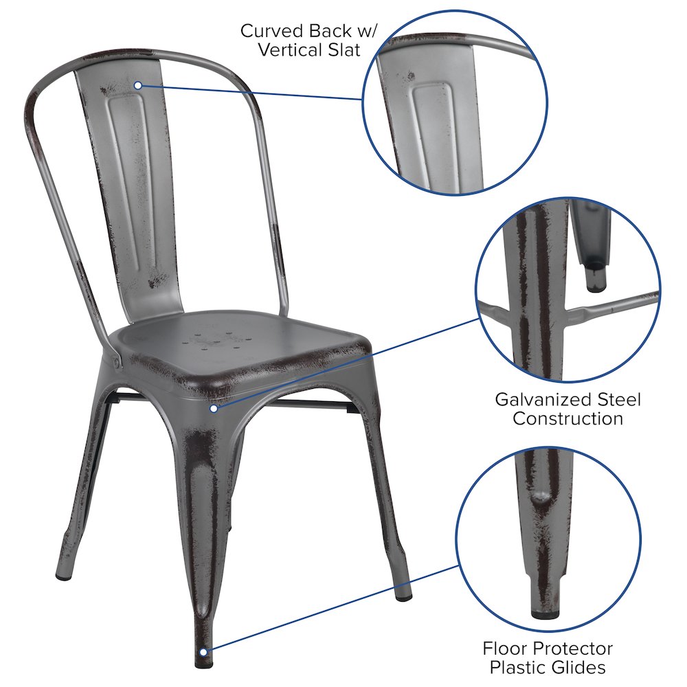 Commercial Grade Distressed Silver Gray Metal Indoor-Outdoor Stackable Chair. Picture 6