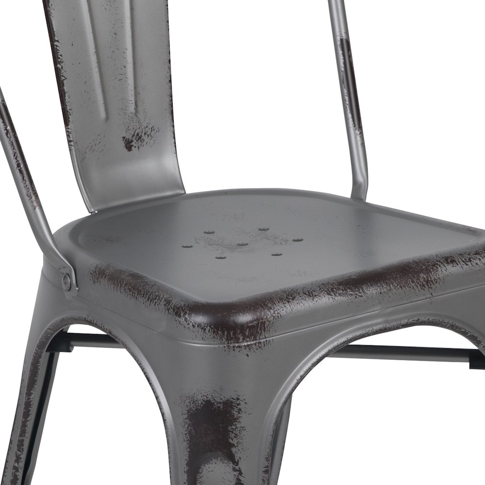 Commercial Grade Distressed Silver Gray Metal Indoor-Outdoor Stackable Chair. Picture 7