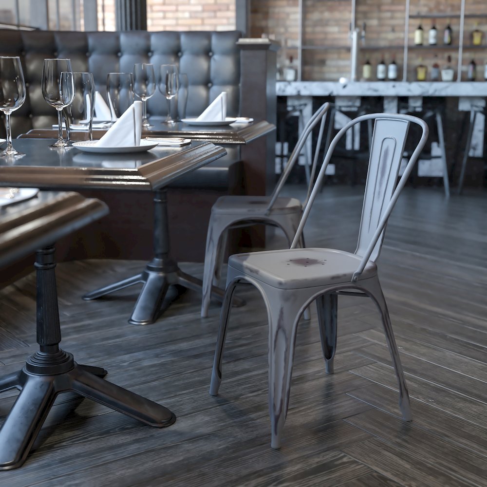 Commercial Grade Distressed Silver Gray Metal Indoor-Outdoor Stackable Chair. Picture 11
