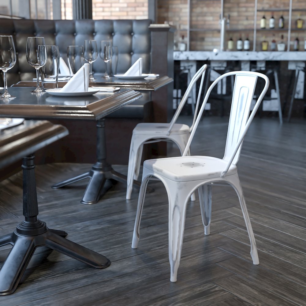 Commercial Grade Distressed White Metal Indoor-Outdoor Stackable Chair. Picture 2