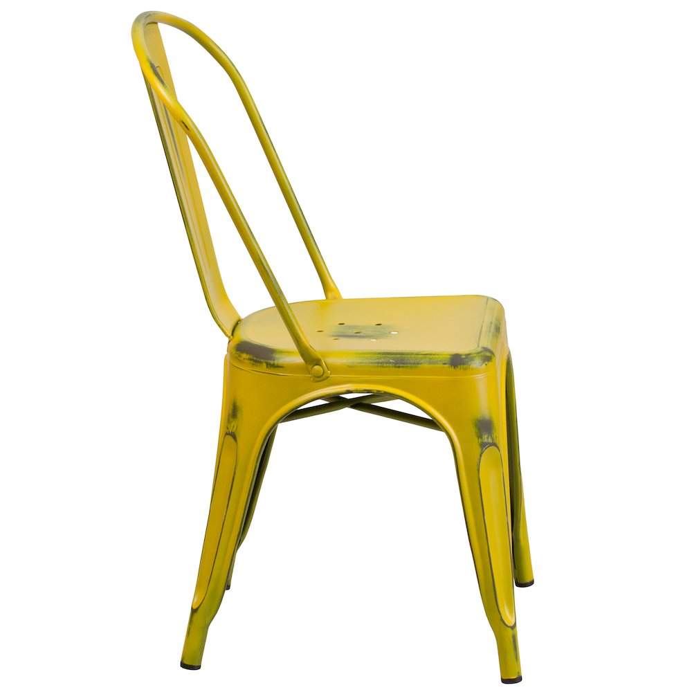 Commercial Grade Distressed Yellow Metal Indoor-Outdoor Stackable Chair. Picture 9