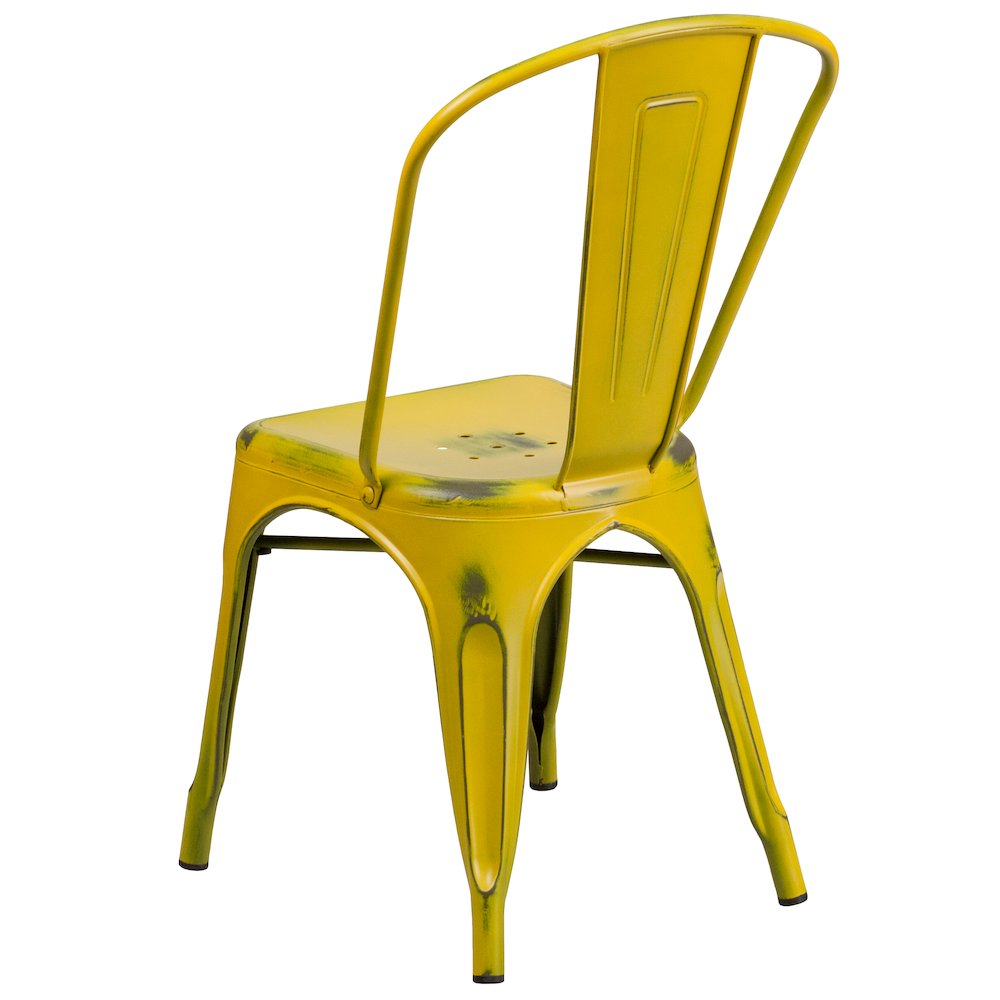 Commercial Grade Distressed Yellow Metal Indoor-Outdoor Stackable Chair. Picture 7