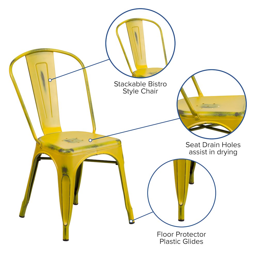Commercial Grade Distressed Yellow Metal Indoor-Outdoor Stackable Chair. Picture 5