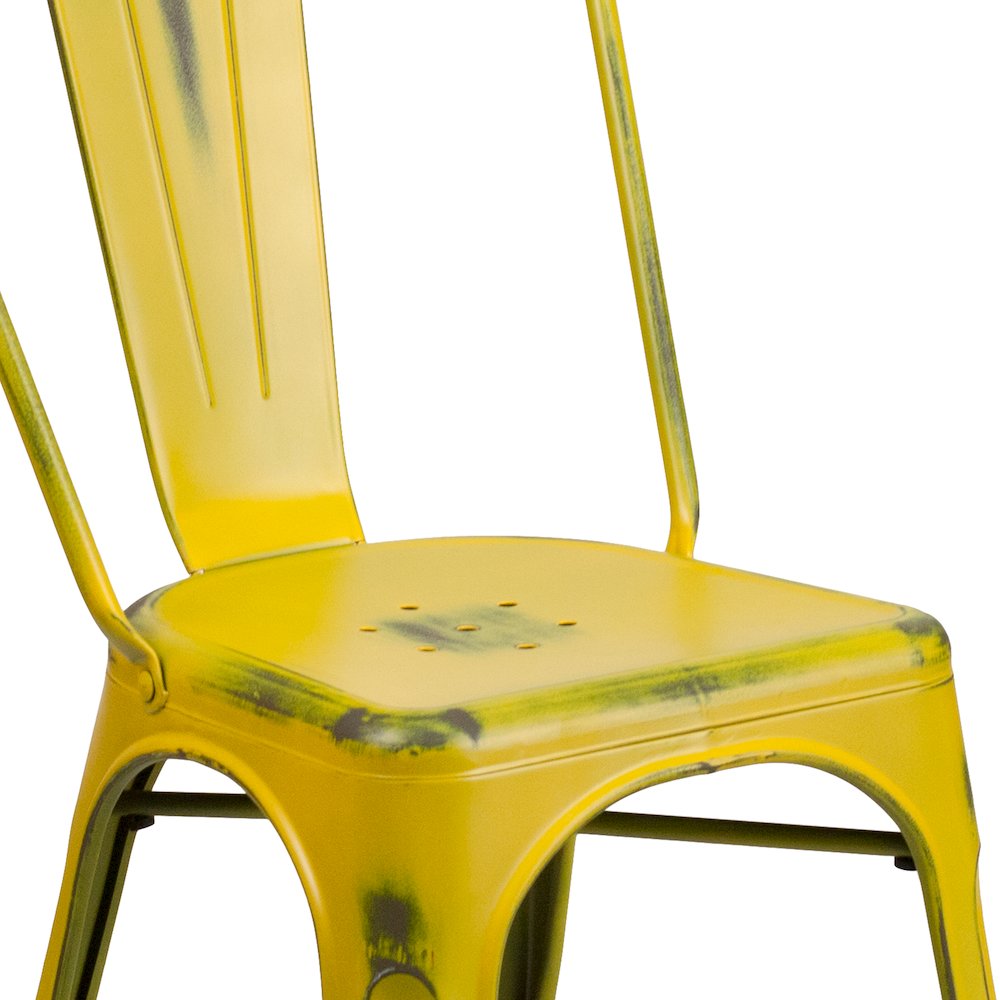 Commercial Grade Distressed Yellow Metal Indoor-Outdoor Stackable Chair. Picture 11