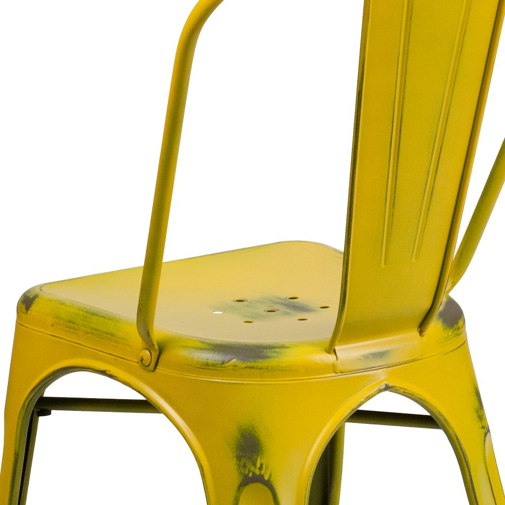 Commercial Grade Distressed Yellow Metal Indoor-Outdoor Stackable Chair. Picture 8