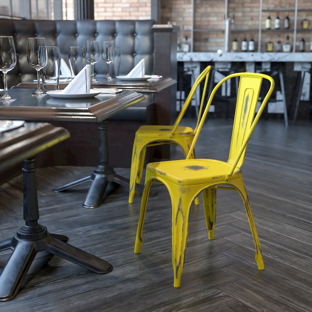 Commercial Grade Distressed Yellow Metal Indoor-Outdoor Stackable Chair. Picture 2