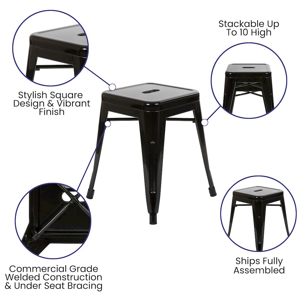 18" Table Height Stool, Stackable Metal Dining Stool in Black - Set of 4. Picture 5