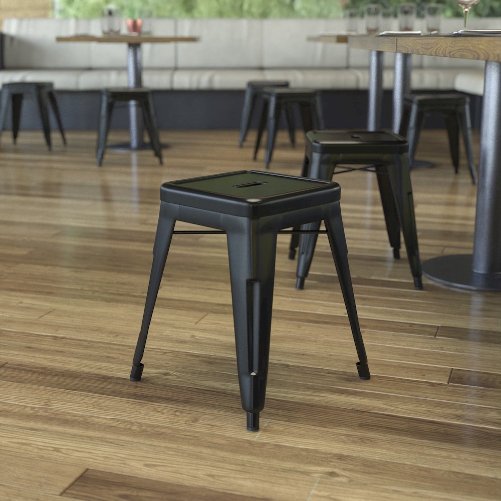 18" Table Height Stool, Stackable Metal Dining Stool in Black - Set of 4. Picture 2