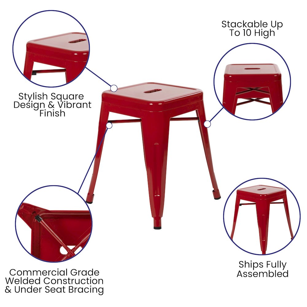 18" Table Height Stool, Stackable Metal Dining Stool in Red - Set of 4. Picture 5