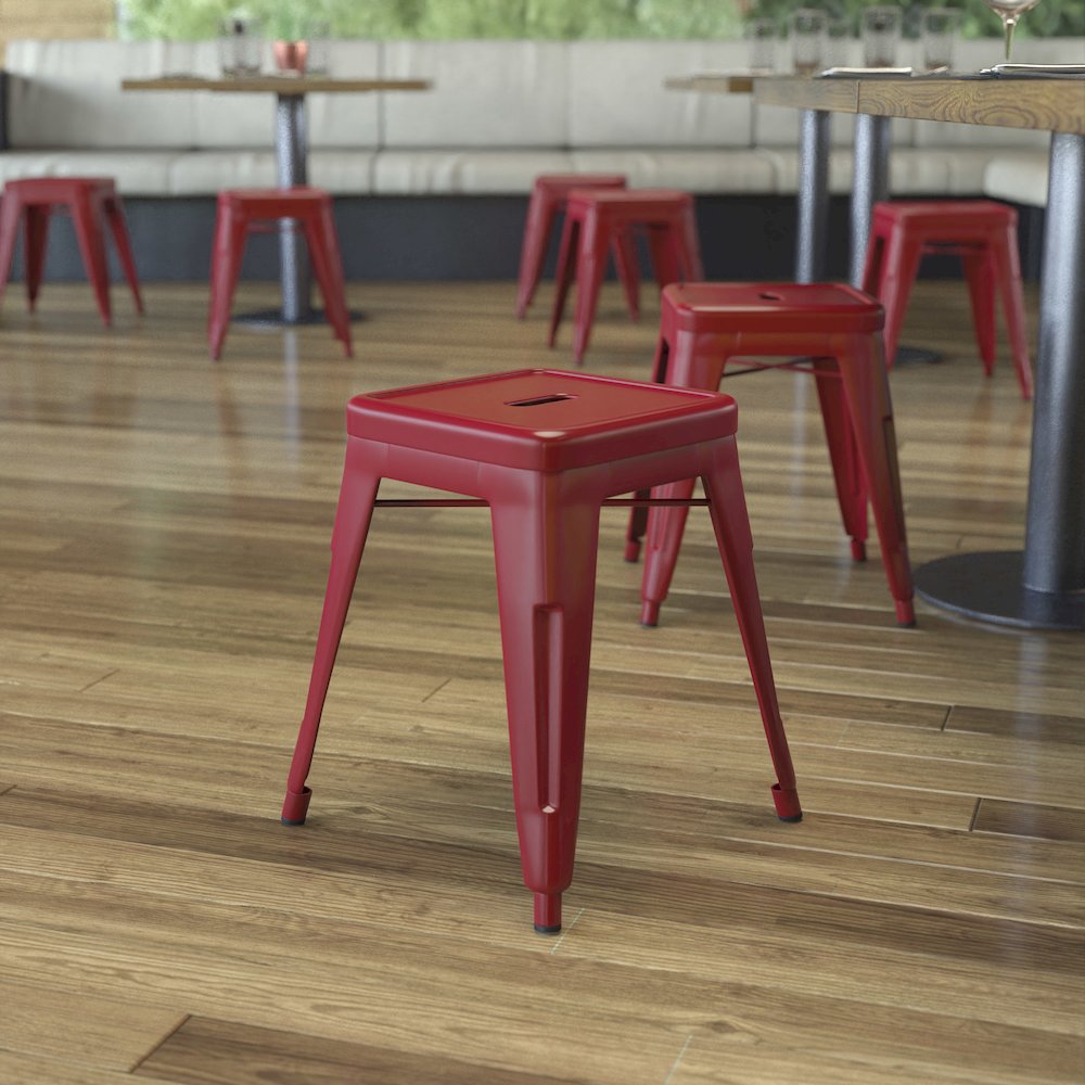 18" Table Height Stool, Stackable Metal Dining Stool in Red - Set of 4. Picture 2